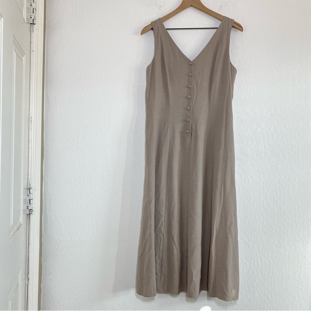 Vintage Women’s 12 Gray Neutral Button Down Sleeveless V Neck Maxi Dress